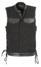 Club Vest CVM3011 Men's Side Lace Black Denim Vest with Leather Trim Accents