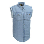 Milwaukee Leather DM1001 Men's Blue Lightweight Denim Shirt with Frayed Cut Off Sleeveless Look