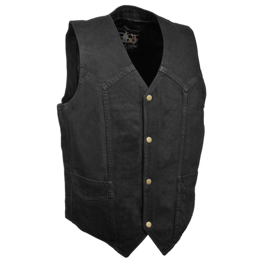 Milwaukee Performance DM1310 Black Men's Black Denim Classic Snap Front Biker Vest - Milwaukee Performance Mens Denim Vests