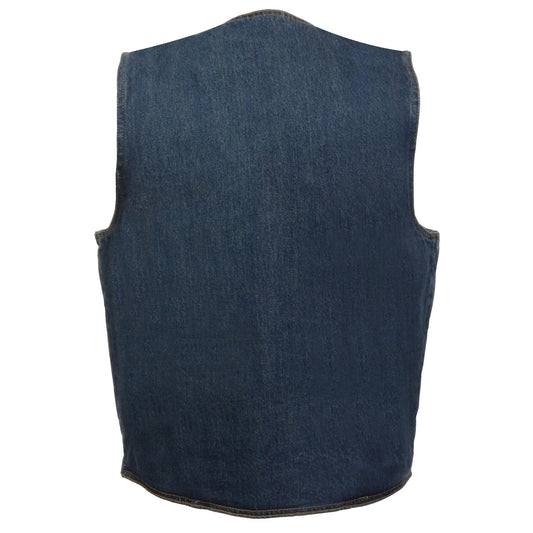 Milwaukee Performance DM1310 Men's Blue Denim Classic Snap Front Biker Vest - Milwaukee Performance Mens Denim Vests