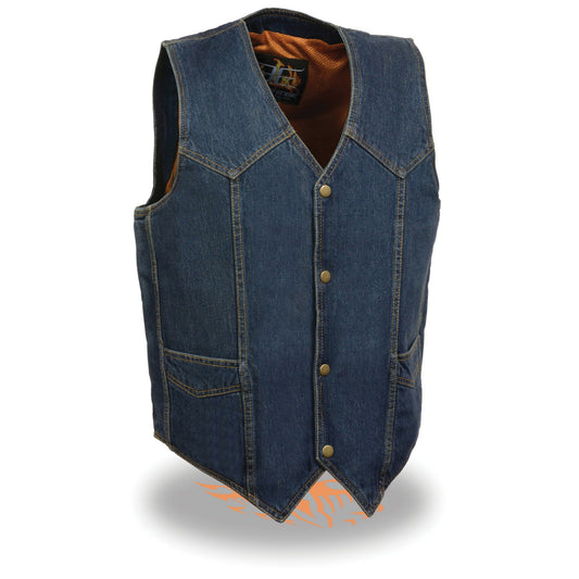 Milwaukee Performance DM1310 Men's Blue Denim Classic Snap Front Biker Vest - Milwaukee Performance Mens Denim Vests