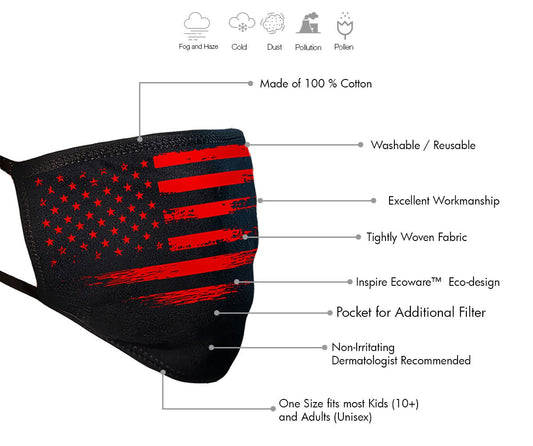 Milwaukee FMD1017 'Black and Red US Flag' 100 % Cotton Protective Face Mask with Optional Filter Pocket