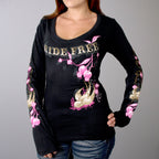 Hot Leathers GLC3131 Ladies Cherries Scoopneck Black Long Sleeve T-Shirt