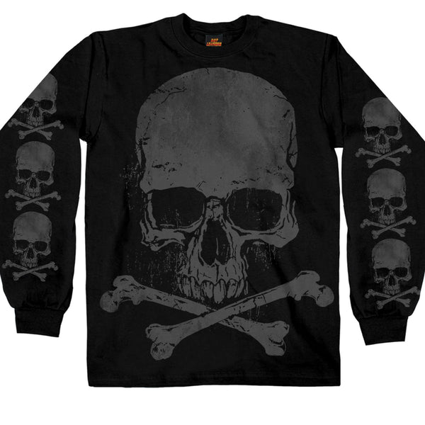 Hot Leathers GMS2305 Men’s ‘Jumbo Print Skull and Cross Bones Long Sleeve  Black T-Shirt