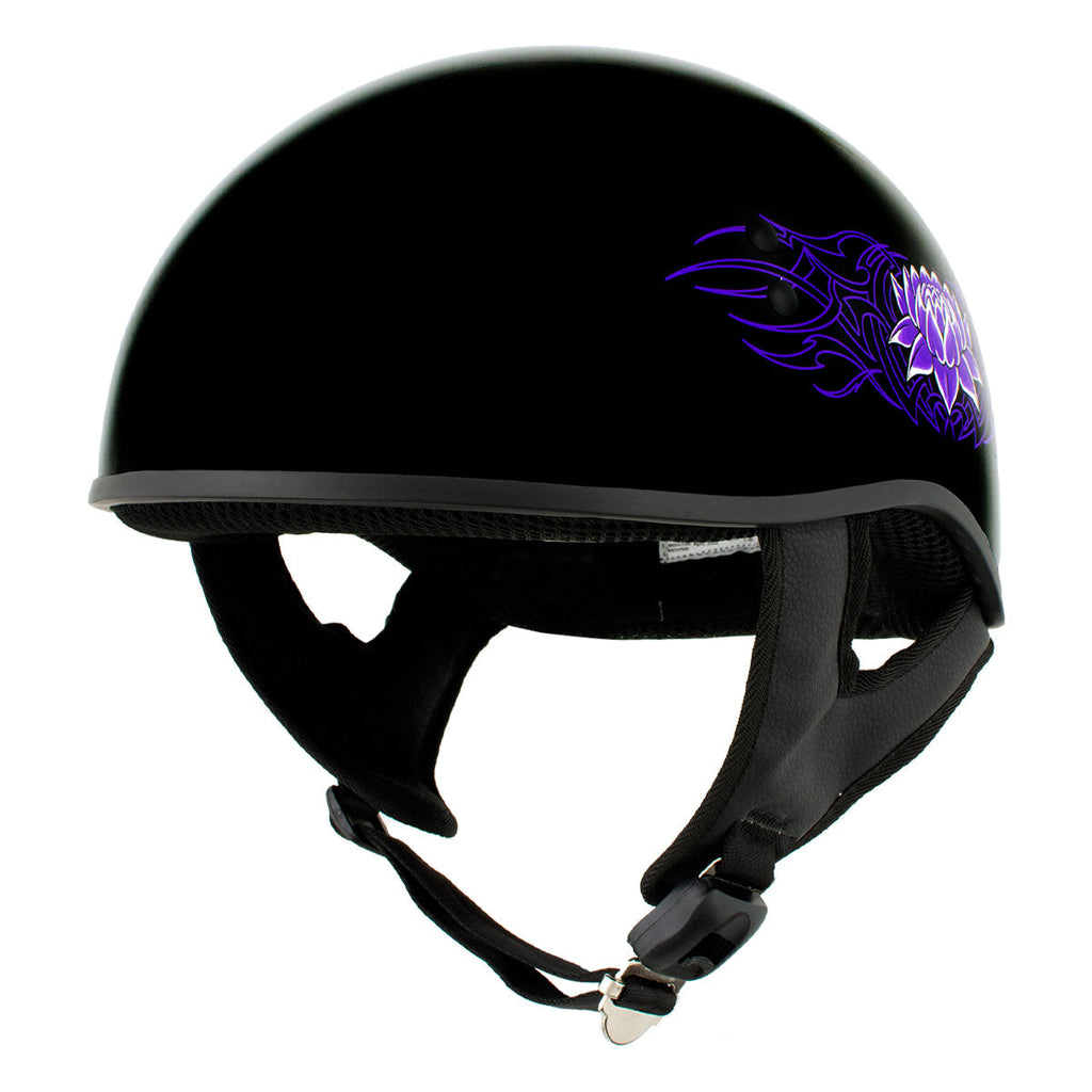 Hot Leathers HLD1005 'Lady Lotus' Gloss Black Motorcycle DOT Skull Cap