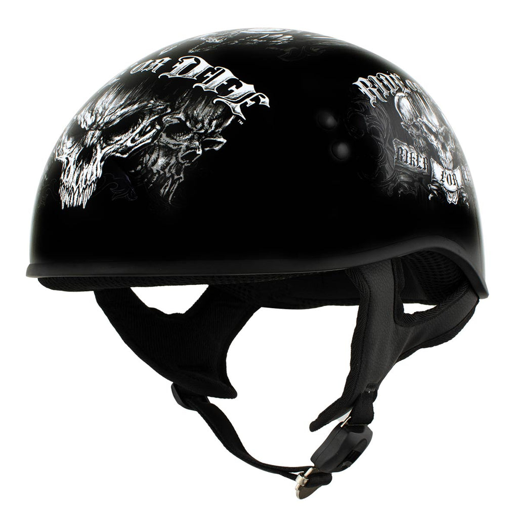 Hot Leathers HLD1016 Ride or Die Gloss Black Motorcycle DOT Skull Cap Half Helmet Biker
