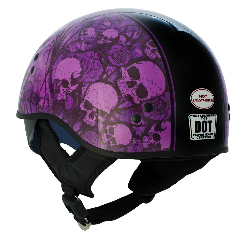 black purple motorcycle helmet Hot Leathers HLD1039 Gloss Black 'Purple Skull Bouquet' Advanced DOT H