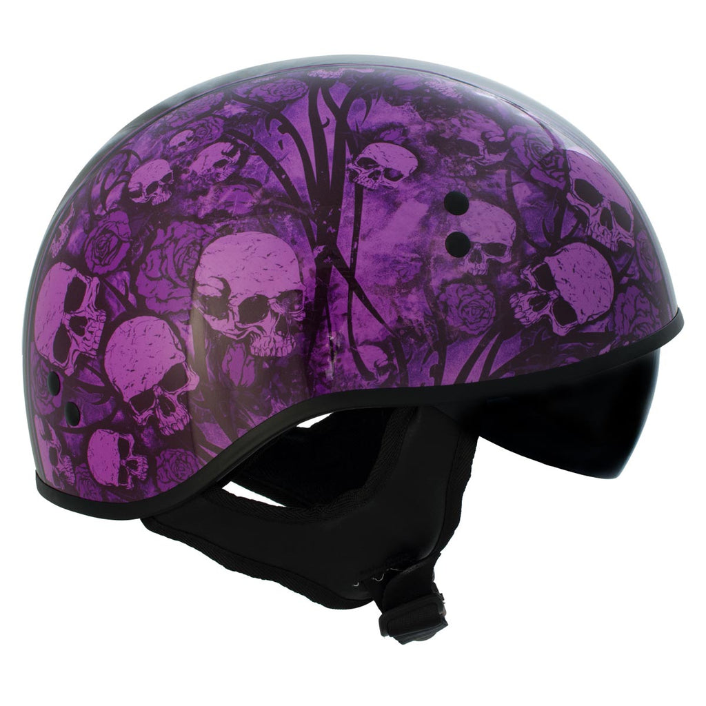 candy skull motorcycle helmet Hot Leathers HLD1039 Gloss Black 'Purple Skull Bouquet' Advanced DOT H