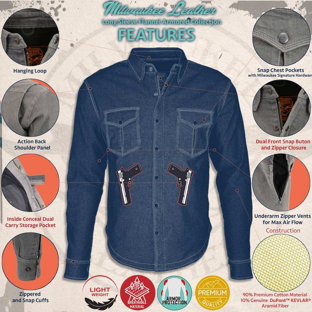 Milwaukee Leather MPM1622 Men's Black Waxy CE Armored Denim Long Sleeve Shirt Reinforced w/ Aramid Fibers