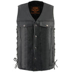 Milwaukee Leather LKM1360 Men's Black Leather Classic V-Neck Motorcycle Rider Vest w/ Snaps and Side Laces Closure