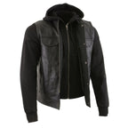 Milwaukee Leather LKM3714 Men's Black Club Style '2 in 1' Zipper Leather Vest with Removable Full Sleeve Hoodie