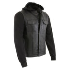 Milwaukee Leather LKM3714 Men's Black Club Style '2 in 1' Zipper Leather Vest with Removable Full Sleeve Hoodie