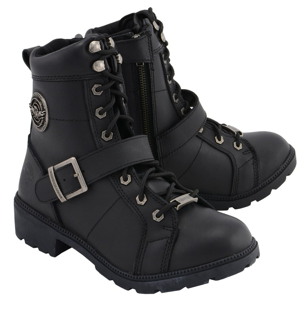 Milwaukee Leather MBL9325W Womens Wide Width Lace-Up Black Leather Boots with Zippers - Milwaukee Leather Womens Boots