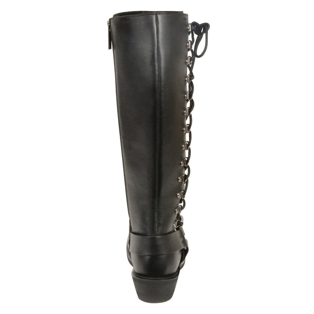 Milwaukee Leather MBL9365 Ladies Black 14 Inch Classic Harness Square Toe Leather Tall Boots with Lacing - Milwaukee Leather Womens Boots