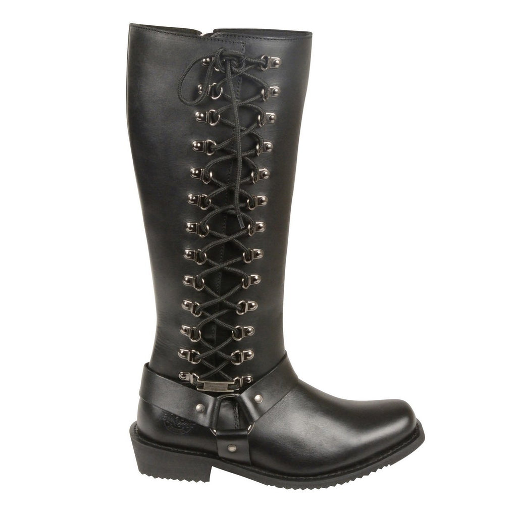 Milwaukee Leather MBL9365W Ladies Wide Width Black 14 Inch Classic Harness Square Toe Leather Boots with Lacing Detail - Milwaukee Leather Womens Boots