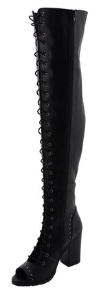Milwaukee Performance MBL9421 Women's Black Lace-Up Knee High Boots with Open Toe