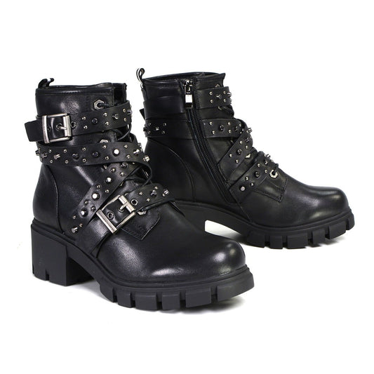 Milwaukee Leather Women's Bruiser Premium Black Leather Lace-Up Fashion Boots with Studded Straps MBL9444