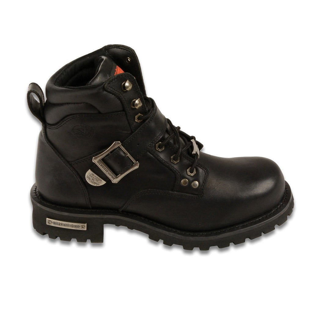 Milwaukee Leather MBM9010W Mens Wide Width Black Lace-Up 6-inch Engineer Boots with Side Buckle - Milwaukee Leather Mens Boots