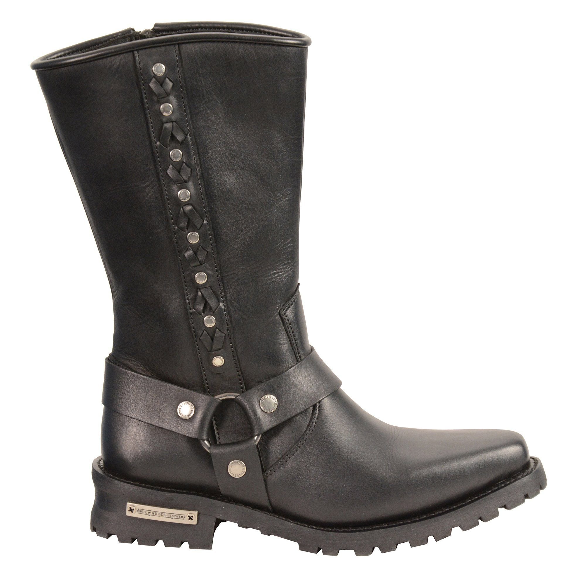 Milwaukee Leather MBM9025 Mens Black Harness Boot with Braid and Riveted Details - Milwaukee Leather Mens Boots