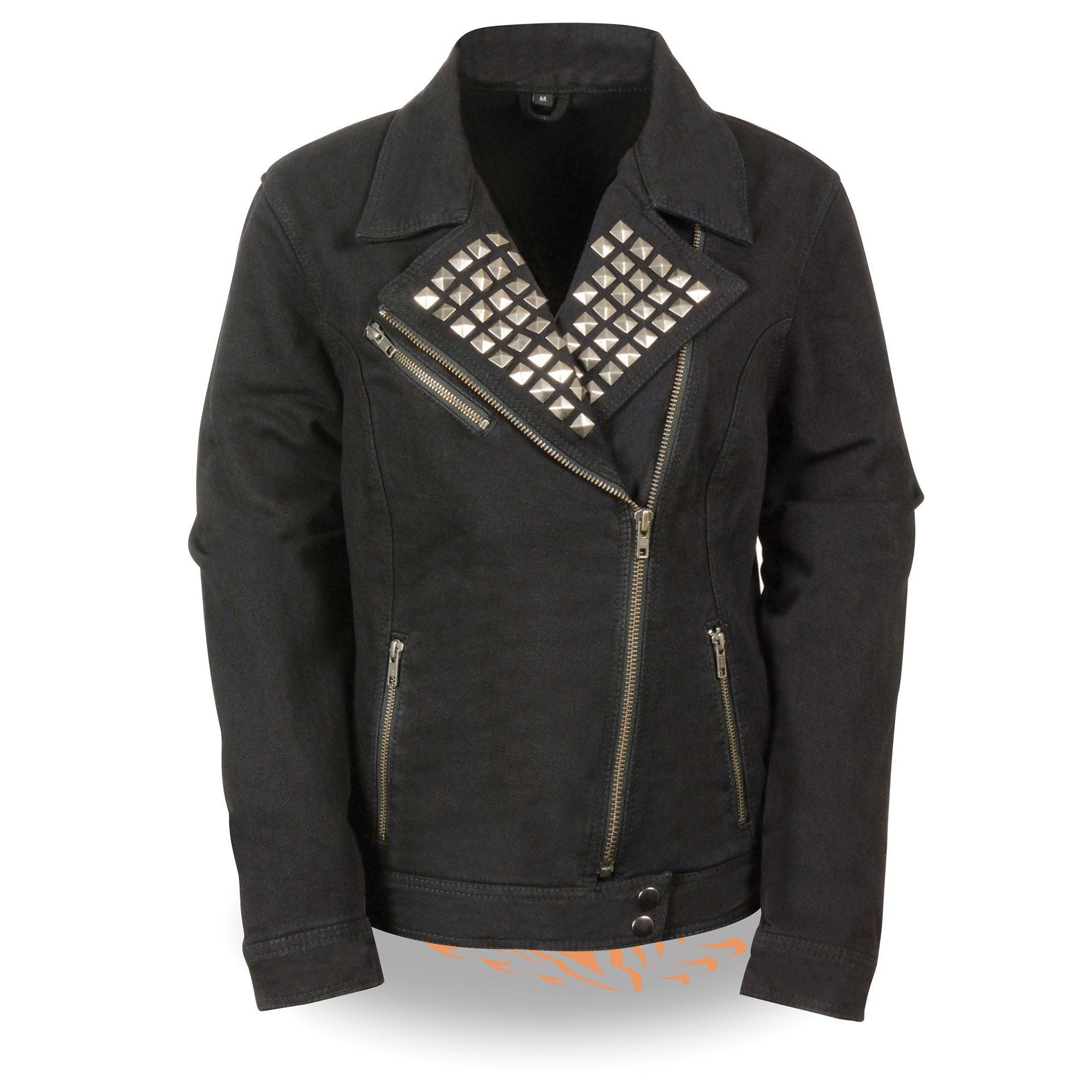 Milwaukee Performance MDL2000 Ladies Zipper Front Black Denim Jacket with Studded Spikes - Milwaukee Performance Womens Denim Jackets