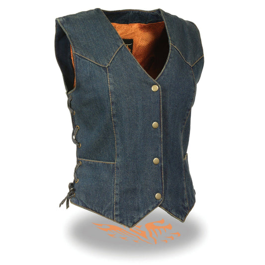 Milwaukee Performance MDL4001 Ladies Blue Side Lace 4 Snap Front Denim Vest - Milwaukee Performance Womens Denim Vests