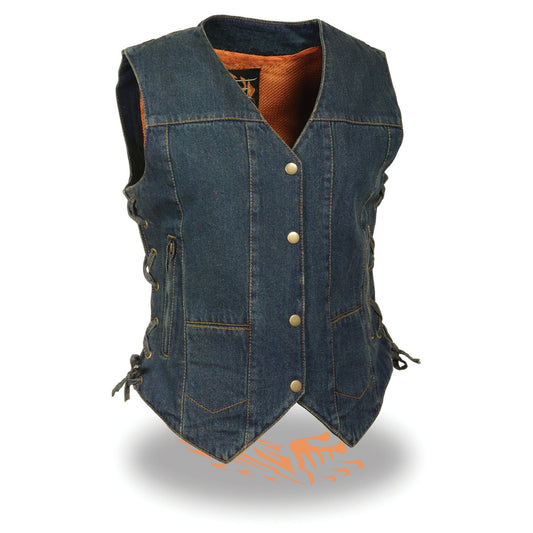 Milwaukee Performance MDL4020 Women's Blue 6 Pocket Side Lace Denim Vest with Gun Pockets - Milwaukee Performance Womens Denim Vests