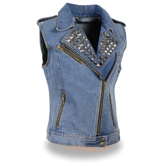 Milwaukee Performance MDL4030 Ladies Zipper Front Blue Denim Vest with Studded Spikes - Milwaukee Performance Womens Denim Vests