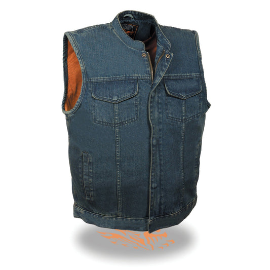 Milwaukee Performance MDM3000 Men's Blue Concealed Snap Denim Club Vest with Hidden Zipper - Milwaukee Performance Mens Denim Vests