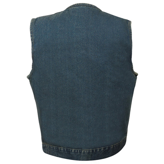 Milwaukee Leather MDM3001 Men's 'Covert' Blue Denim Collarless Club Style Motorcycle Biker Vest w/ Dual Closure