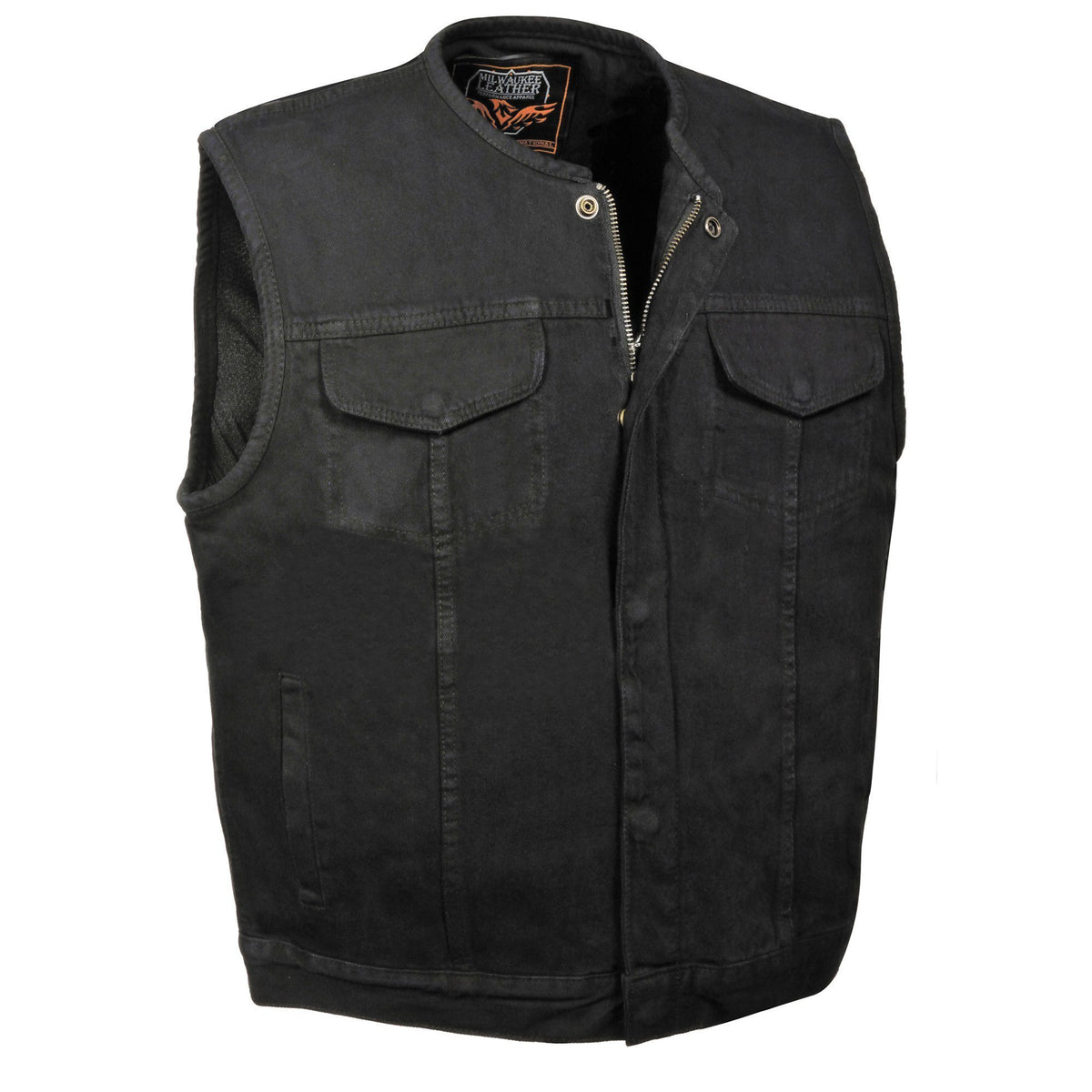 Milwaukee Performance MDM3001 Men's Collarless Black Denim Club Vest with Hidden Zipper - Milwaukee Performance Mens Denim Vests