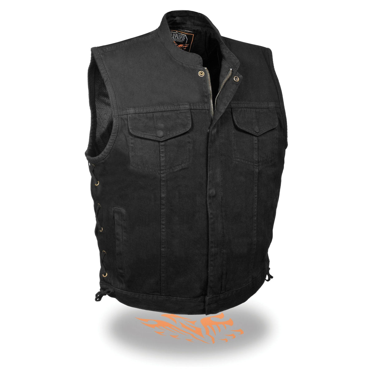 Milwaukee Performance MDM3002 Men's Black Side Lace Denim Club Vest with Hidden Zipper - Milwaukee Performance Mens Denim Vests