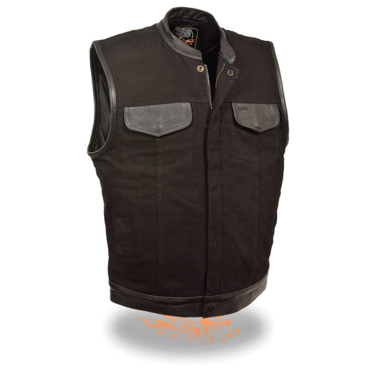 Milwaukee Performance MDM3010 Men's Black Denim Club Vest with Leather Trim and Hidden Zipper - Milwaukee Performance Mens Denim Vests