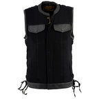 Milwaukee Leather MDM3011 Men's Black 'Hidden Zipper' Side Lace Motorcycle Rider Denim Vest w/ Leather Trim
