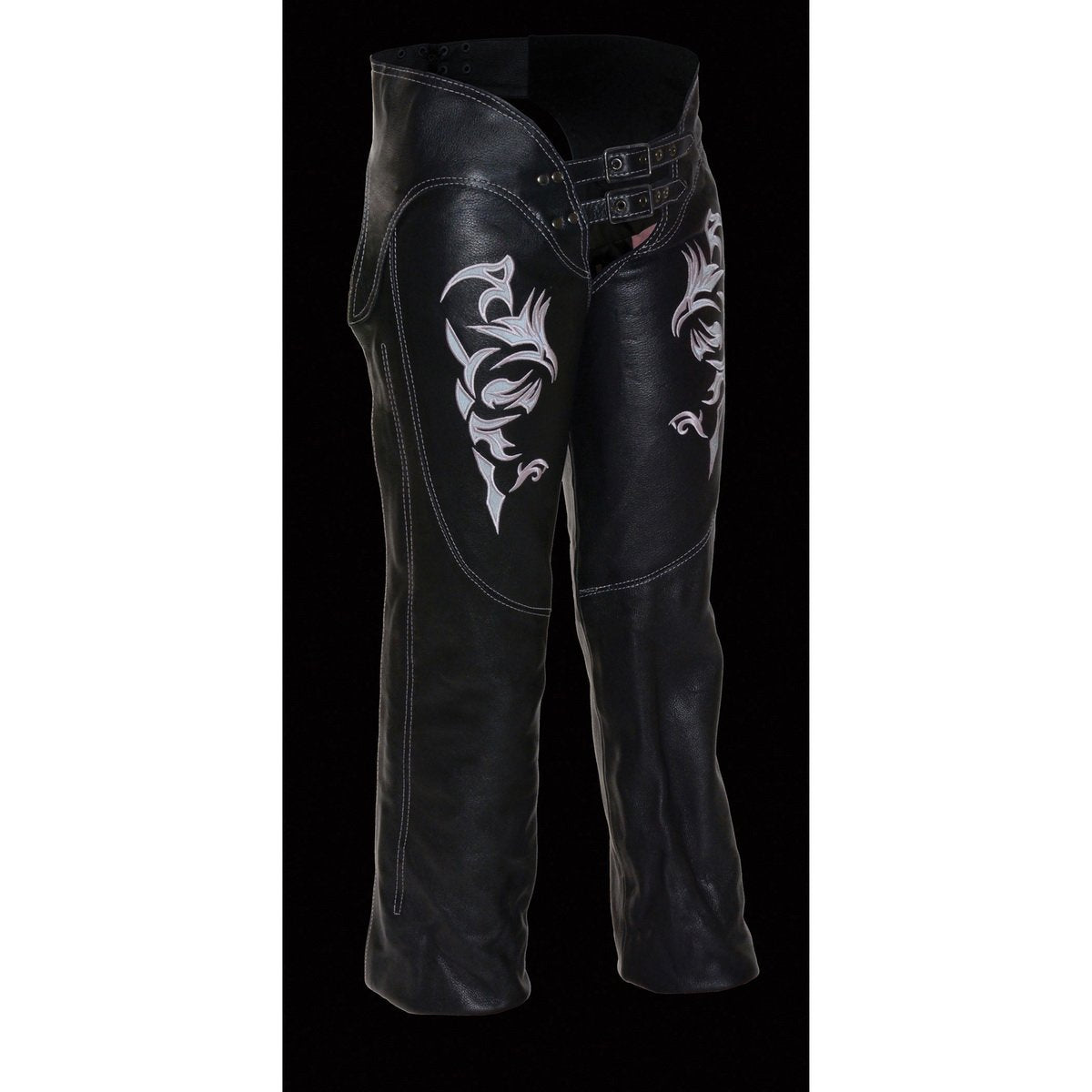 Milwaukee Leather ML1187 Ladies Black and Pink Leather Chaps with Reflective Tribal Embroidery - Milwaukee Leather Womens Leather Chaps