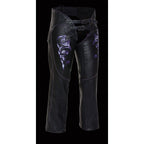 Milwaukee Leather ML1187 Ladies Black and Purple Leather Chaps with Reflective Tribal Embroidery - Milwaukee Leather Womens Leather Chaps
