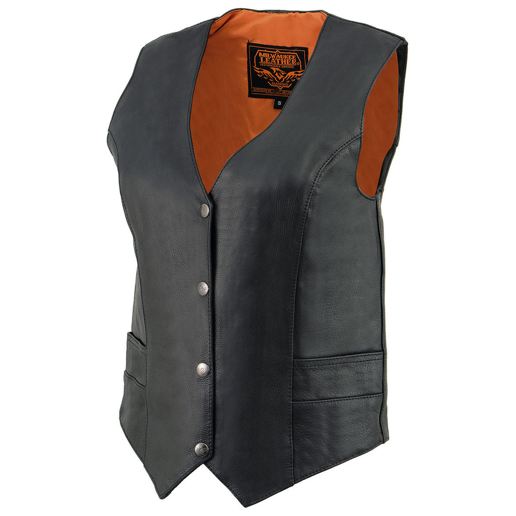 Milwaukee Leather ML1253 Women's Black Premium Leather Motorcycle Rider Vest w/ Snap Button Closure