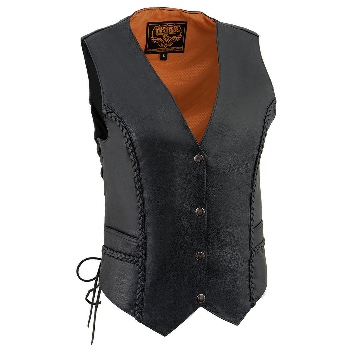 Milwaukee Leather ML1255 Women's Black Braided Premium Leather Side Lace Motorcycle Rider Vest