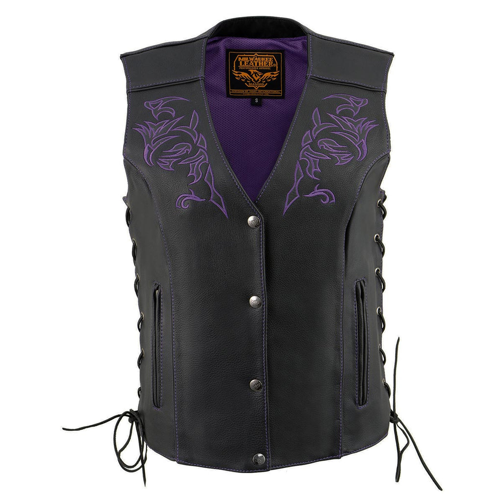 Women's Black Leather Motorcycle Vest – Reflective Purple Wings, Side Lace & Snap Front For Safety & Style (3XL)