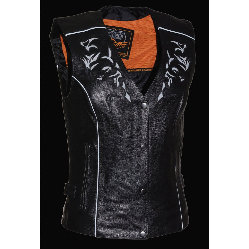 Milwaukee Leather ML1296 Women's Black Leather Vest with Reflective Tribal Design - Milwaukee Leather Womens Leather Vests
