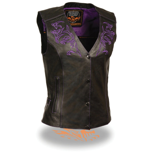 Milwaukee Leather ML1296 Women's Black and Purple Vest with Reflective Tribal Design - Milwaukee Leather Womens Leather Vests