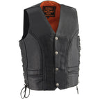 Milwaukee Leather ML1359 Men's Black Premium Leather Side Lace Motorcycle Rider Vest w/ Buffalo Nickel Snaps Closure