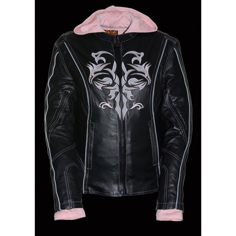 Milwaukee Leather ML2066 Women's Reflective Tribal 3/4 Length Black/Pink Leather Jacket with Hoodie - N/A