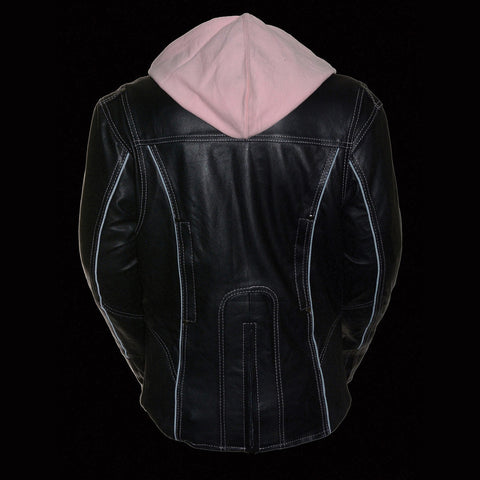 Milwaukee Leather ML2066 Women's 3/4 Black and Pink Leather Hoodie Jacket with Reflective Tribal Design