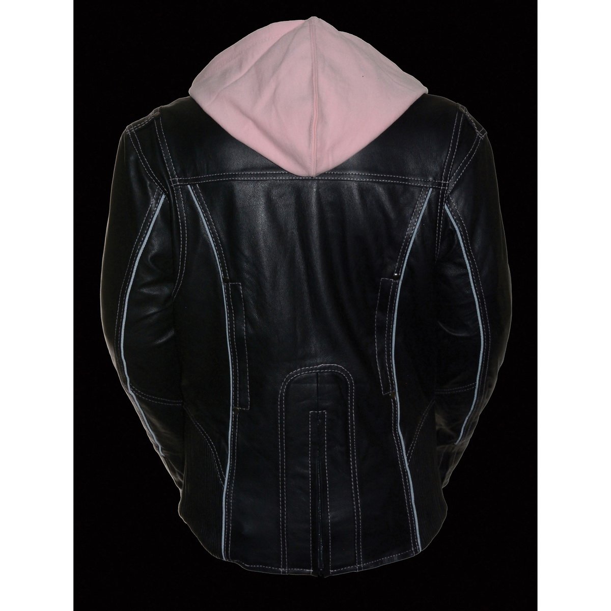 Milwaukee Leather ML2066 Women's Reflective Tribal 3/4 Length Black/Pink Leather Jacket with Hoodie - N/A