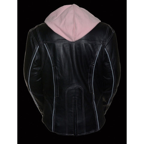 Milwaukee Leather ML2066 Women's Reflective Tribal 3/4 Length Black/Pink Leather Jacket with Hoodie - N/A