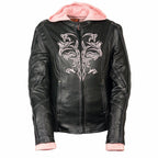 Milwaukee Leather ML2066 Women's 3/4 Black and Pink Leather Hoodie Jacket with Reflective Tribal Design