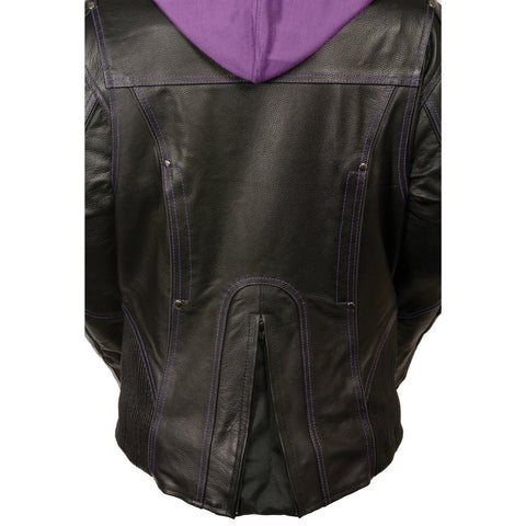 Milwaukee Leather ML2067 Women's 3/4 Black and Purple Leather Hoodie Jacket with Reflective Tribal Design - Milwaukee Leather Womens Leather Jackets