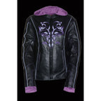 Milwaukee Leather ML2067 Women's 3/4 Black and Purple Leather Hoodie Jacket with Reflective Tribal Design - Milwaukee Leather Womens Leather Jackets