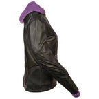 Milwaukee Leather ML2067 Women's 3/4 Black and Purple Leather Hoodie Jacket with Reflective Tribal Design - Milwaukee Leather Womens Leather Jackets
