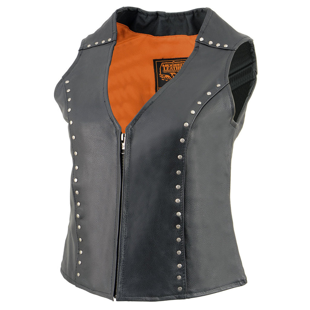 Milwaukee Leather ML2078 Women's Black Premium Leather Motorcycle Rider Vest w/ Studding Detail